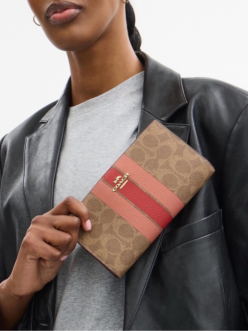 Coach Continental Wallet in Brown with Red and Coral Stripes